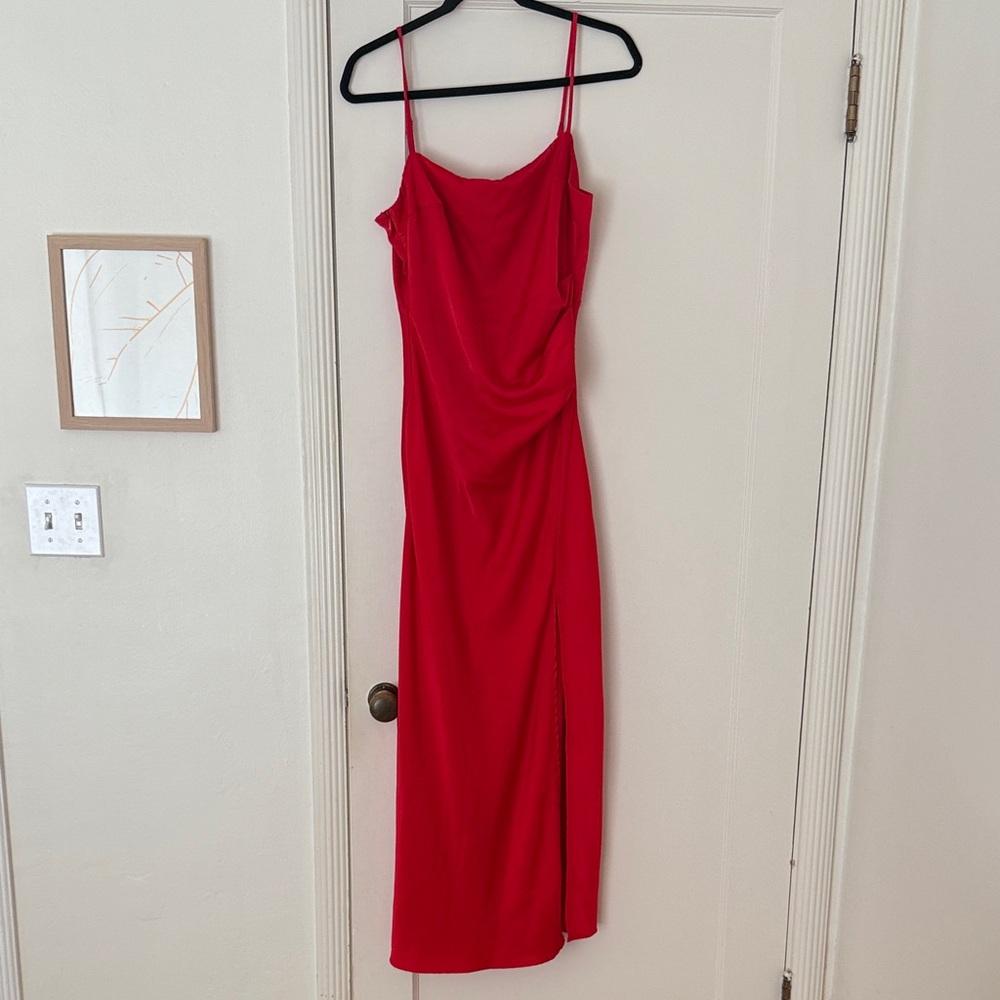 ASTR Satin Cherry Red Ankle Length Dress with Slit and Ruching